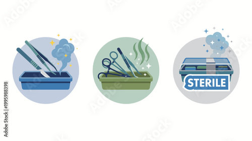Set of clean and sterile surgical instruments in medical trays with steam, symbolizing medical hygiene and safe practice