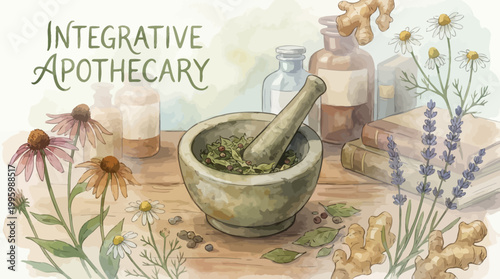 Creating Natural Herbal Remedies A Watercolor Illustration of an Apothecary Workspace with Fresh Botanicals and Traditional Tools
