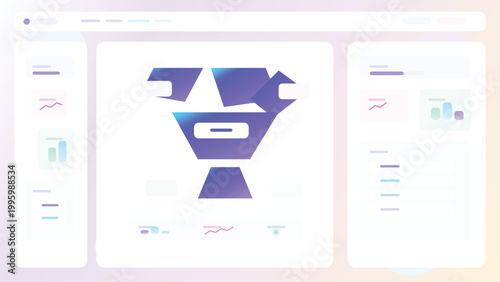Business analytics dashboard with geometric hourglass centerpiece charts widgets reports and modern pastel admin interface layout system