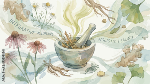 Holistic Healing and Integrative Medicine A Watercolor Illustration of Natural Remedies and Herbal Treatments