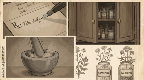 Exploring Traditional Medicine A Collage of Herbs, Potions, and Prescriptions for Holistic Wellness and Natural Remedies
