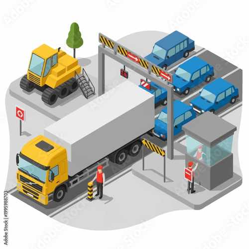 Truck and cars at a border crossing checkpoint isometric illustration.
