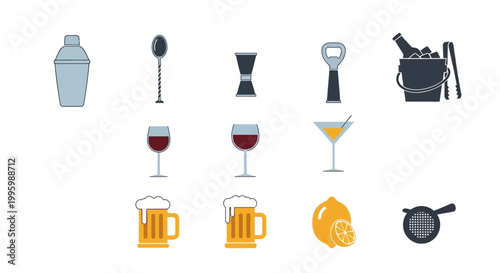 Cocktail bar tools and drinks icons.