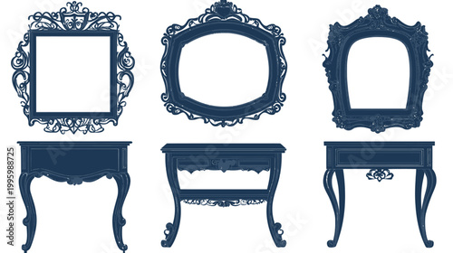 A collection of ornate antique frames and matching tables in a deep indigo color