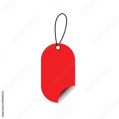 Red blank retail tag with a black string and peeling corner isolated on transparent background