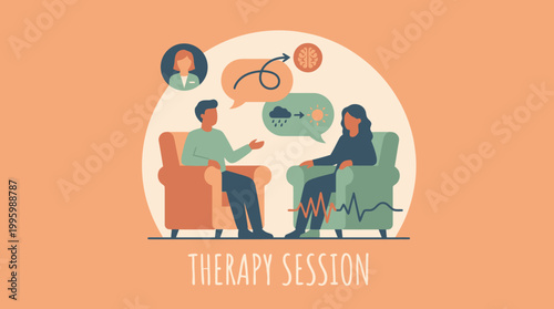 Mental Health Therapy Session Illustration Showing Two People Talking in a Counseling Setting