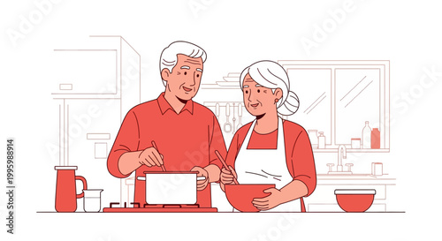 Elderly Couple Cooking Together Indoors.