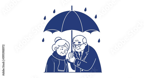 Quadro em tela Elderly couple under blue umbrella together.