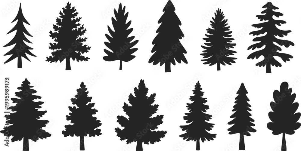 Obraz premium Set of black pine tree silhouettes, evergreen forest icons collection, minimal vector illustration isolated design