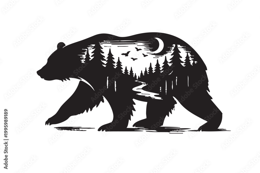 Obraz premium Bear Double Exposure Silhouette with Pine Forest and Night Moon Landscape