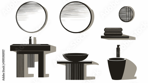 A grayscale bathroom scene features mirrors, sinks, towels, and soap dispensers