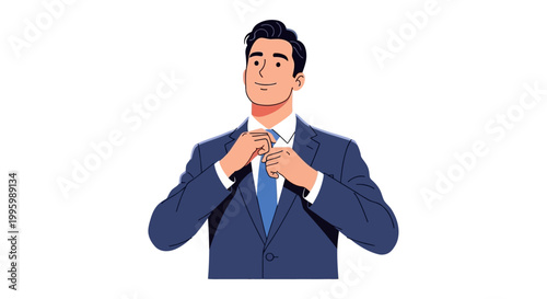 A businessman adjusts his tie, looking forward with confidence.