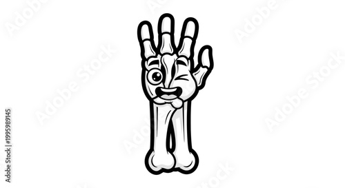 Cartoon skeleton hand character winking with a funny expression isolated on white