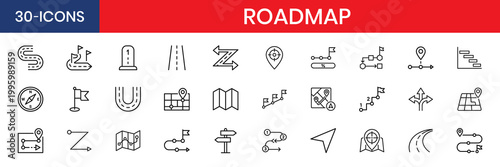 Roadmap Thin Line Icon Set Minimal Outline Milestone Timeline Path Road