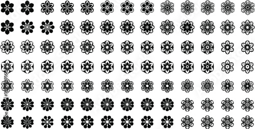 Black floral ornament set with decorative flower shapes, mandala style elements collection, abstract botanical icons isolated on white background vector illustration