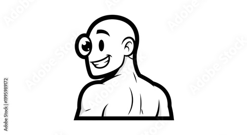 Funny cartoon illustration of a bald man with a large bulging eye looking over his shoulder