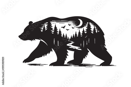 Bear Double Exposure Silhouette with Pine Forest and Night Moon Landscape