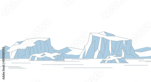Minimalist Arctic landscape with floating icebergs in a cold ocean.