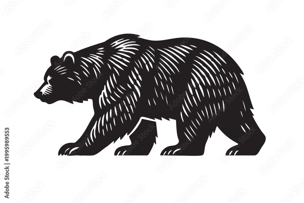 Obraz premium Bold Bear Silhouette with Lino Cut Woodcut Pattern – Black Vector Wildlife Illustration, High Contrast SVG Design