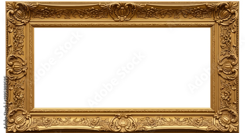 Elegant ornate gold picture frame with intricate vintage carvings isolated on white background