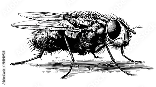 Detailed black and white illustration of a fly, showing hairs, legs, and segmented body