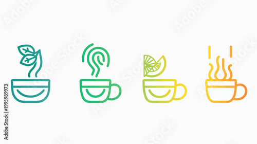 Four gradient teacup icons with tea leaves, steam, lemon, and rising heat lines