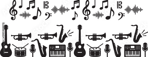 Seamless pattern of musical instruments and notation symbols for graphic design applications