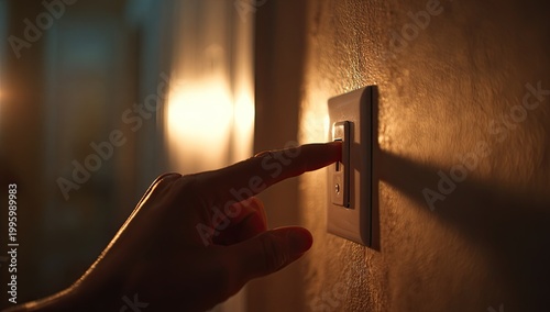 Close-up of a finger pressing a light switch in a dimly lit room.