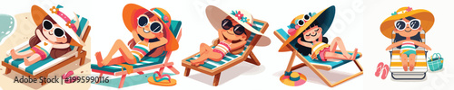 vector of a little girl lying on her back relaxing on a beach chair during summer