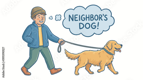 Young man walking his elderly neighbor's dog as a kind gesture