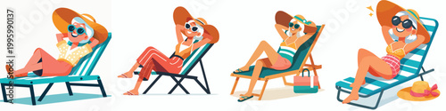 vector of a grandma lying on her back relaxing on a beach chair during summer