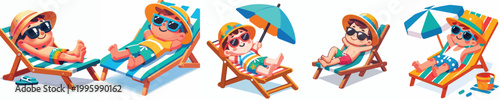 vector of a little boy lying on her back relaxing on a beach chair during summer