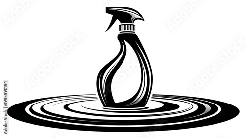 Black and white vector graphic of a spray bottle standing in concentric rings