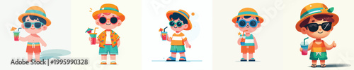 vector of a little boy standing holding an iced orange enjoying summer