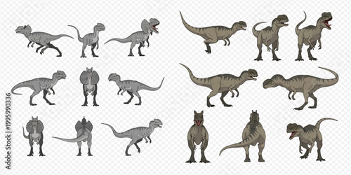 Set of various dinosaur illustrations showcasing different species and poses, perfect for educational content or prehistoric themes.