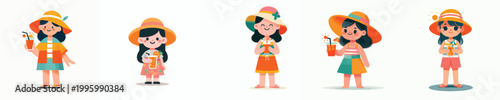 vector of a little girl standing holding an iced orange enjoying summer