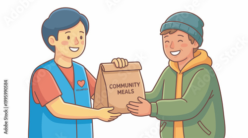 Supermarket employee handing a bag of groceries to an elderly man