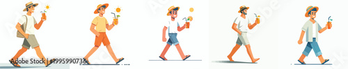 vector of a man walking holding an iced orange enjoying summer
