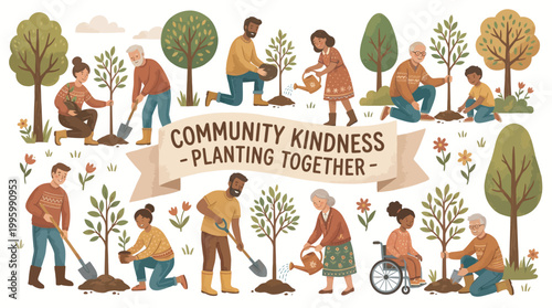 Diverse group of people working together in a community garden