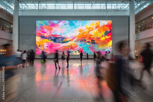 Vibrant Abstract Digital Art Displayed on a Large LED Screen in a Modern Atrium.