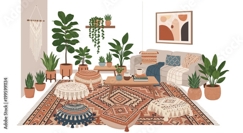 Boho Chic Living Room, Bohemian Style Interior, Cozy Home Decor, Vector Illustration