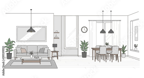 Modern living room, dining room interior, minimalist line drawing, home decor illustration, vector design
