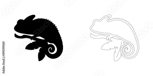Chameleon silhouette and outline vector icon for logo, print, laser cut. Black and white monochrome lizard illustration. reptile Design element isolated on transparent background