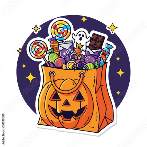 Halloween candy in pumpkin bag.