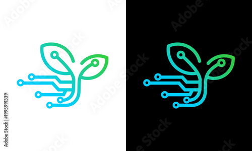 A futuristic circuit leaf design glows on a split black and white background with technology and nature elements.