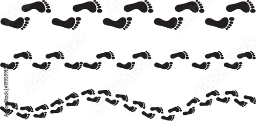 Multiple rows of black footprint icons showing a path and progress over a white background