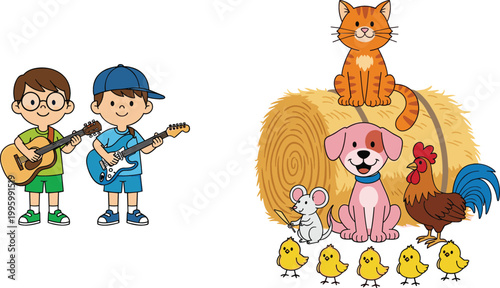 Cartoon kids playing guitar and farm animals on hay bale illustration set, music activity and rural animal collection for children vector design