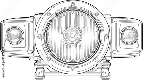 Detailed black and white outline of a vehicle light with side lamps