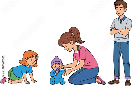 Cartoon family with mother caring baby, child playing and father standing illustration, parenting and family life themed vector design collection