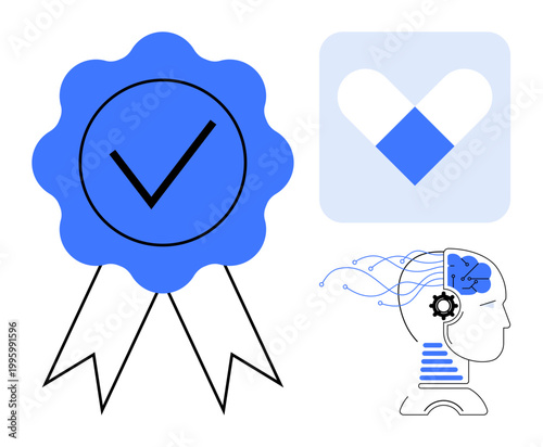 Technology certification, AI innovation, healthcare solutions, cognitive technology, trust symbols, futuristic concepts. Blue badge, healthcare icon AI-enhanced head illustration. Certification